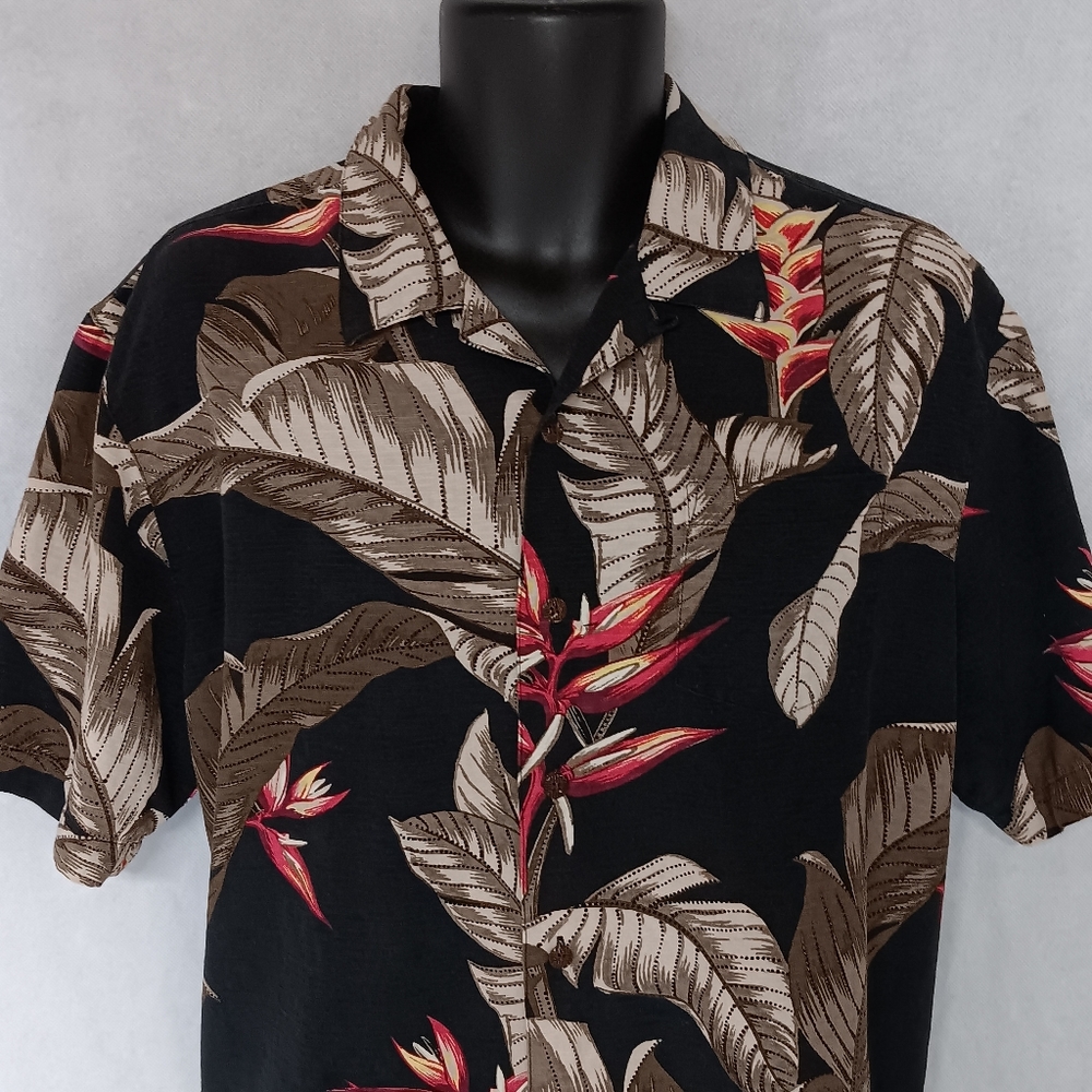 Paradise Collection Silk Hawaiian Shirt Large Black Floral Tropical